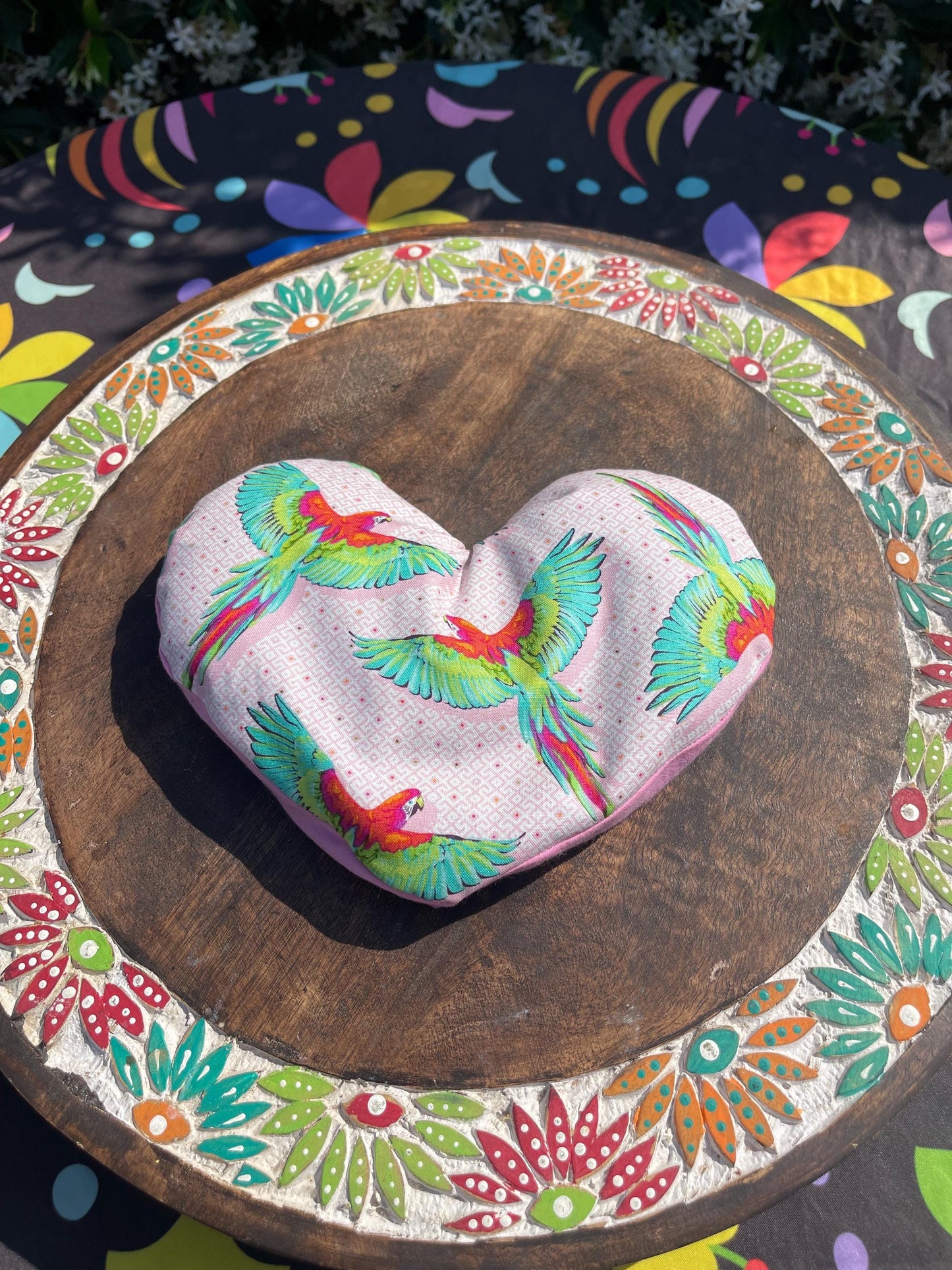 Parrot Bird Fabric Heart Eye Pillow filled with Lavender/Flaxseed- cover is removable