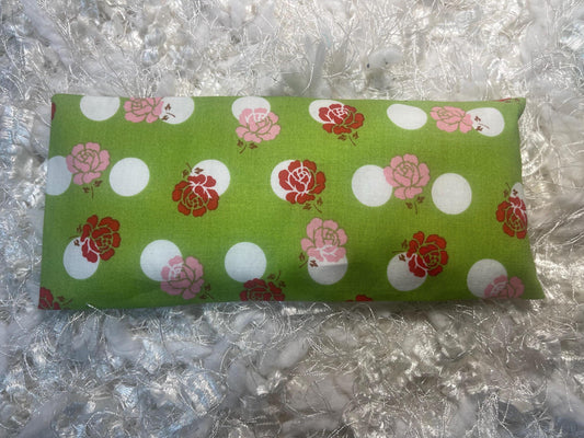 Green and Pink Rose Fabric Eye Pillow with removable cover filled with Lavender/Flaxseed