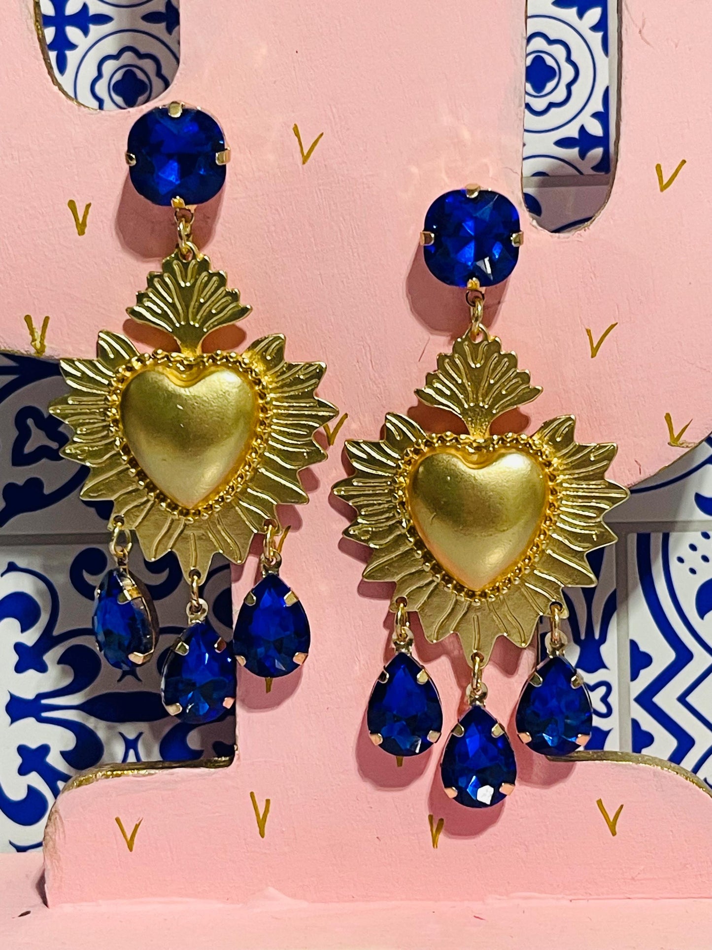 Blue Sacred Heart Earrings