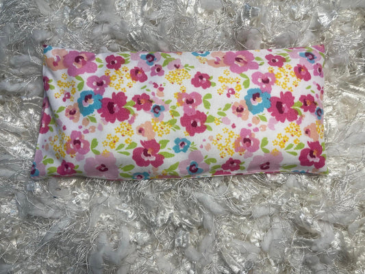 White Floral Fabric Eye Pillow with removable cover filled with Lavender/Flaxseed