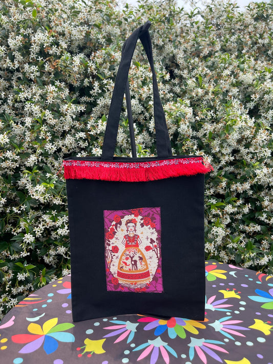 Mexican Frida tote bag- Black Canvas