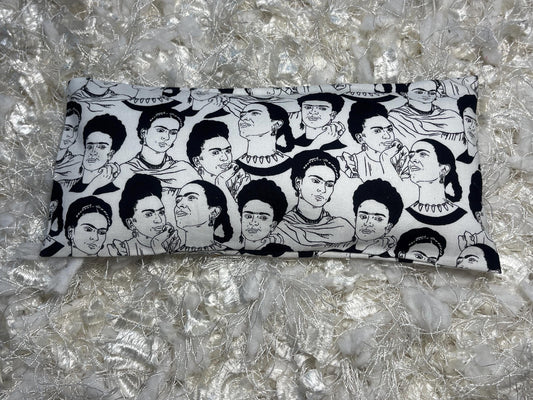 White Frida Kahlo Eye Pillow with removable cover filled with Lavender/Flaxseed