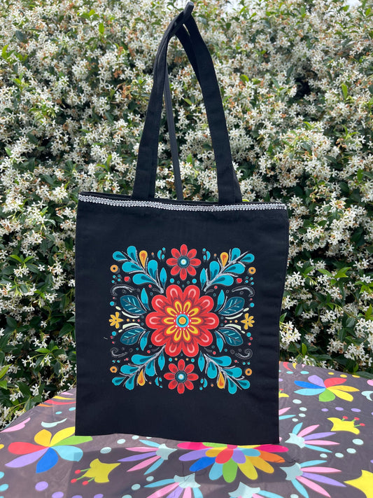 Mexican tote bag- Black Canvas