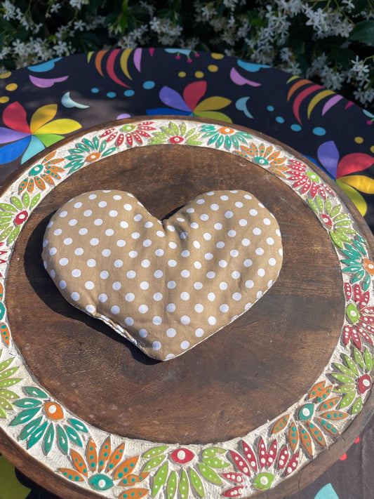 Brown Tan polka dot fabric Heart  Eye Pillow  filled with Lavender/Flaxseed