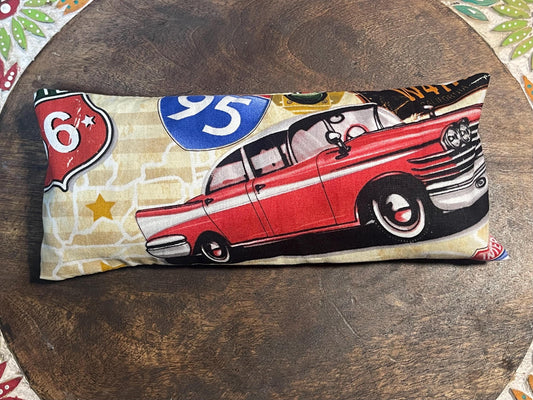 Vintage Red Car print eye pillow with removable cover filled with Lavender/Flaxseed