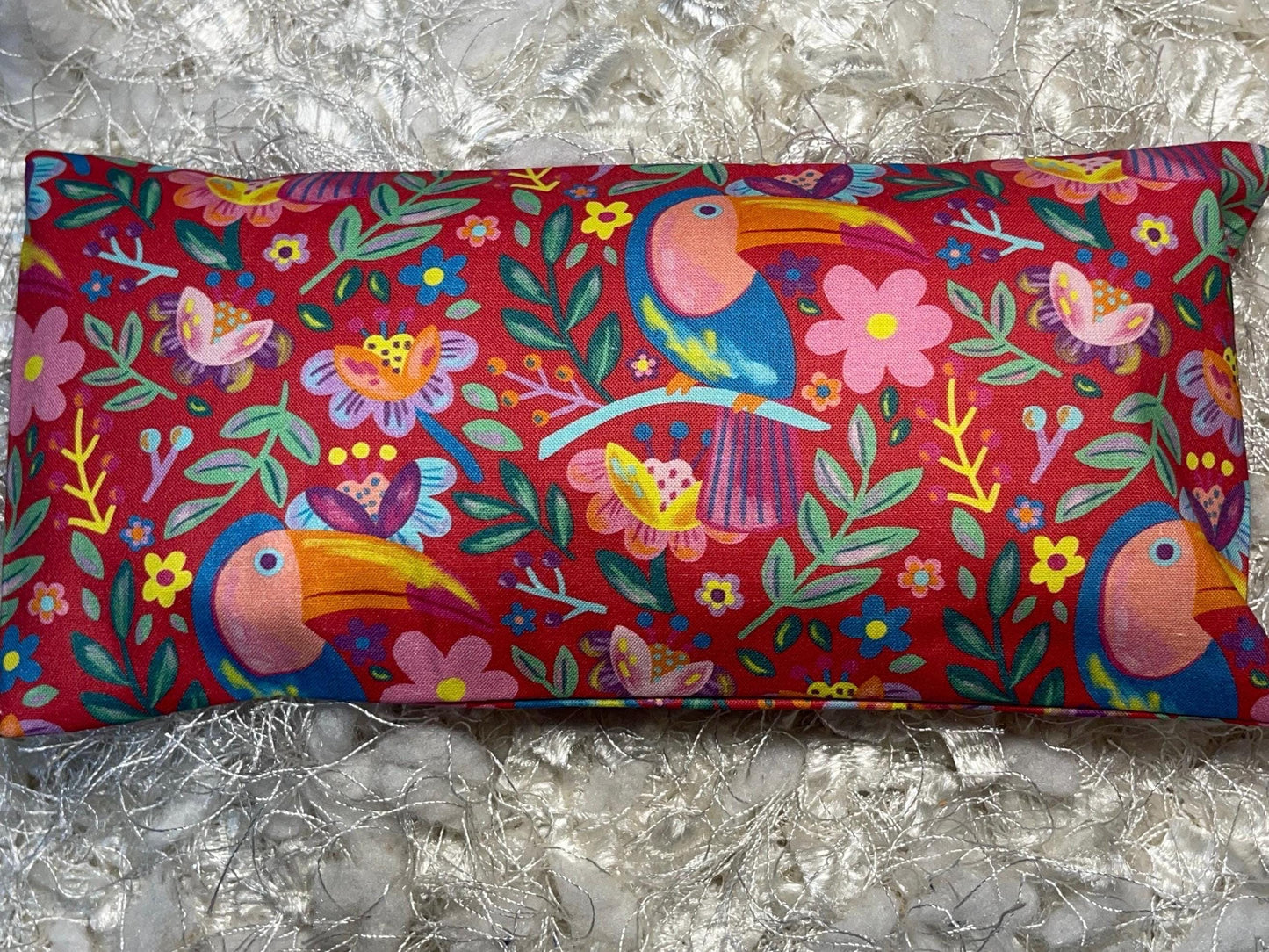 Red Tropical Bird Fabric Eye Pillow with removable cover filled with Lavender/Flaxseed