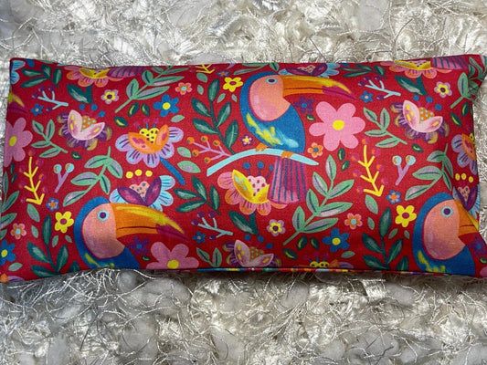 Red Tropical Bird Fabric Eye Pillow with removable cover filled with Lavender/Flaxseed
